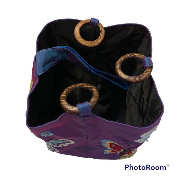 Silk bucket purse with embroidered butterflies, iridescent blueish purple - Picture 8 of 10
